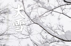 二十四節気・大雪をイメージしたメインビジュアル。雪をまとった木の枝が広がる冬の景色を背景にした季節記事用イメージ
