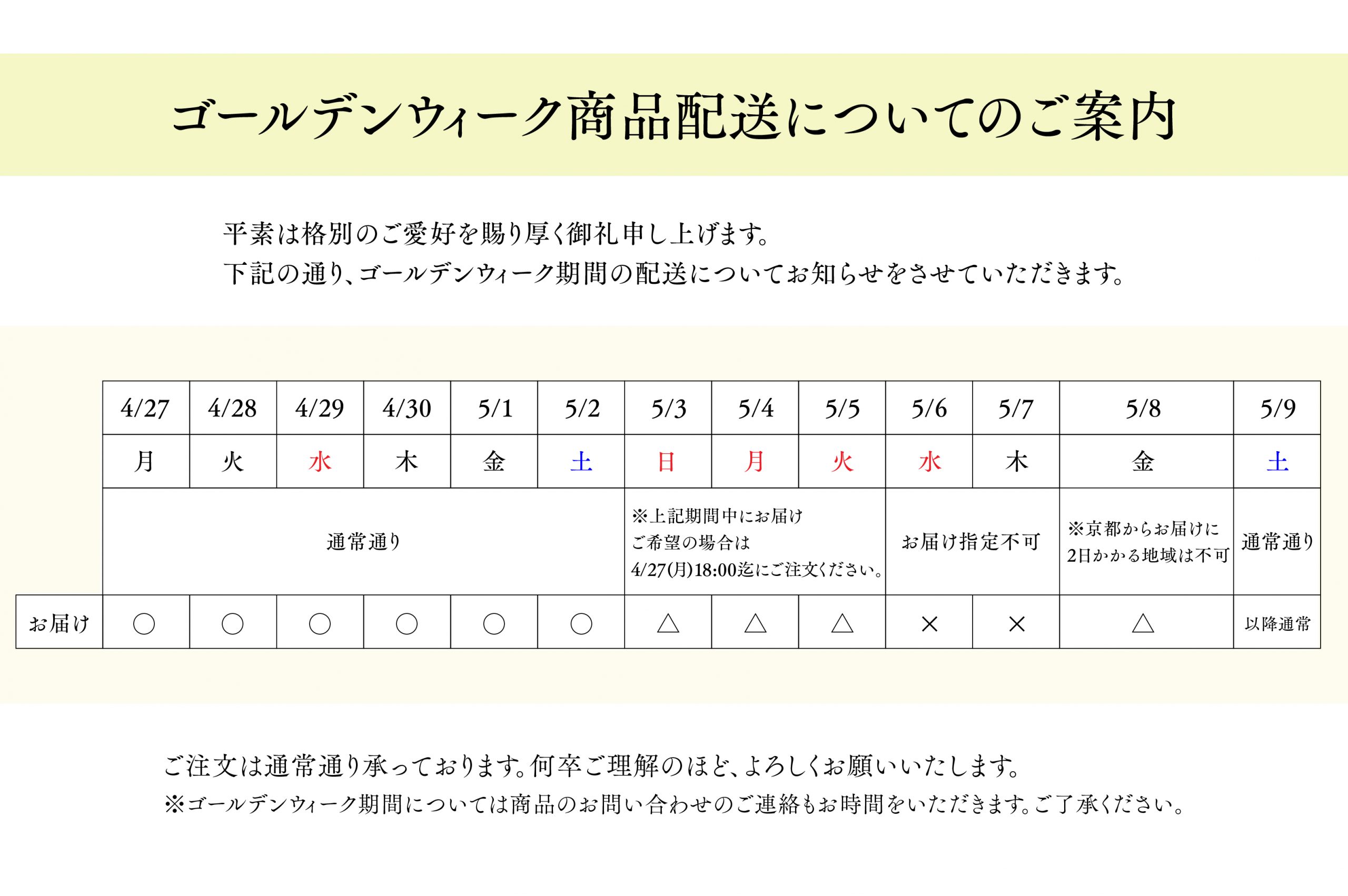 ゴールデンウィークの産直ギフト商品のご配送について | 京料理 美濃吉